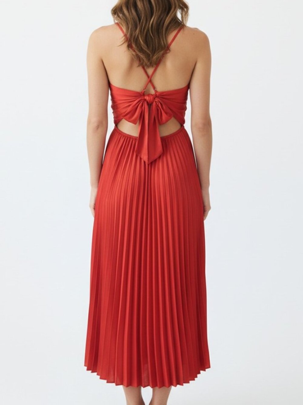 NWT Adelyn Rae Red Satin Midi Dress Womens M Adj Straps Pleated Skirt